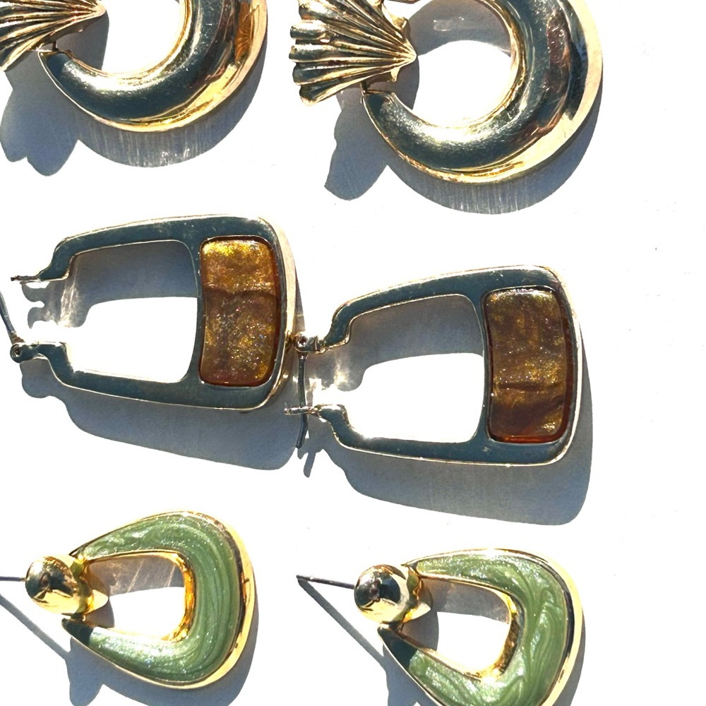 80’s Gold tone 3 Pairs of Door Knockers earrings Enamel LC